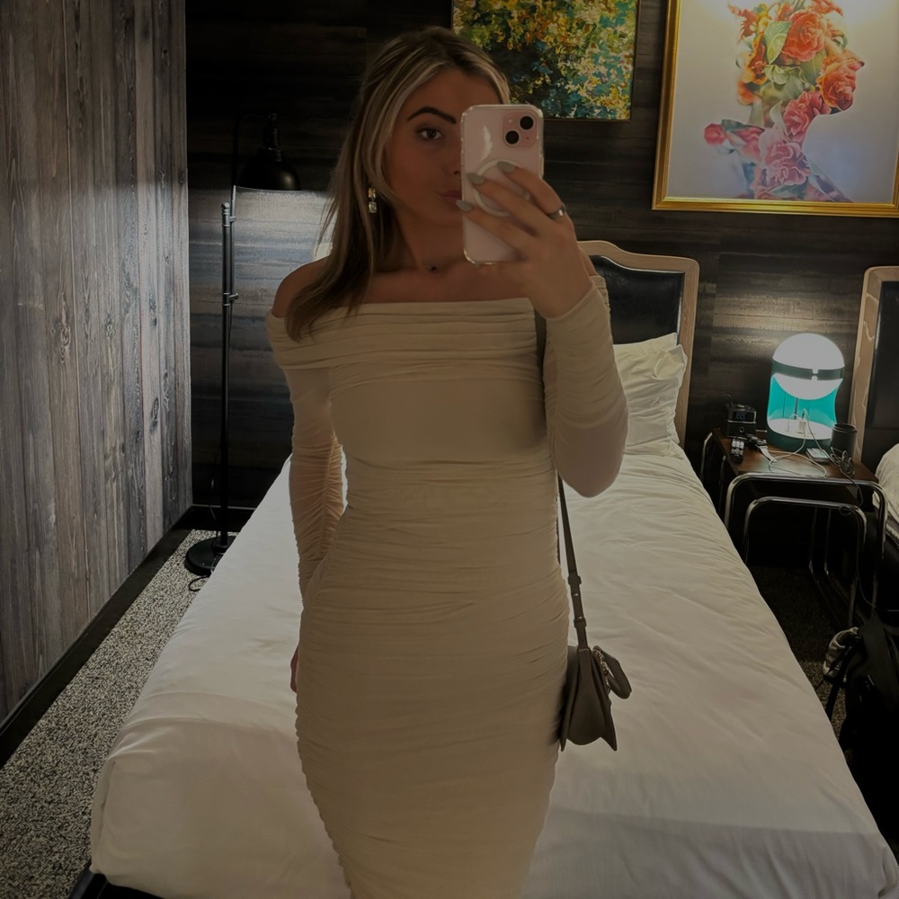Off shoulder mesh dress in cream. Wore once for event- GREAT QUALITY.